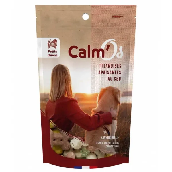 Friandises apaisantes au CBD pour petit chien - Calmos Purelis 100g alt=Friandises CBD pour petit chien - Sachet de 100g Calmos Purelis saveur bœuf